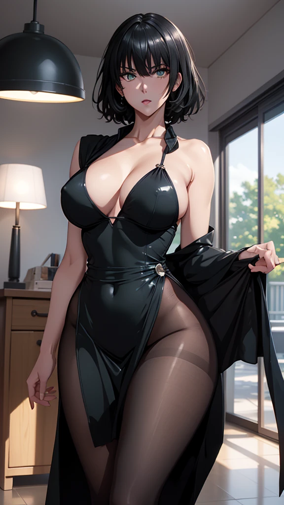 fubuki, exposed belly, Beautiful legs, flawless lighting, thicc thighs, sultry posing, eyeshadows, slit dress, part of the waist exposed, shadowing, lighting, 8k, hdr, tilted square,  meias até as thicc thighs, long robe, tablet, seductive body, slim, pantyhose, legs sexy