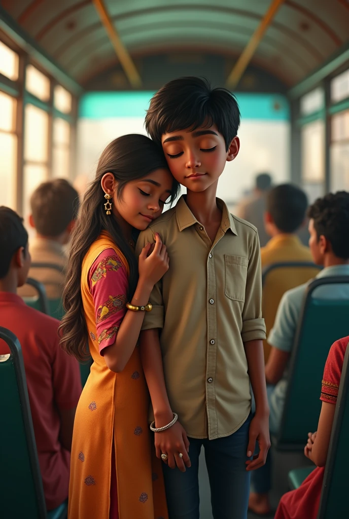  Next to each other 
A girl and boy standing in bus holding pole bet
 Girl leaning her head on boy shoulder with close eyes and holding hand 

Girl is wearing kurti and boy is wearing shirt
Indian bus
