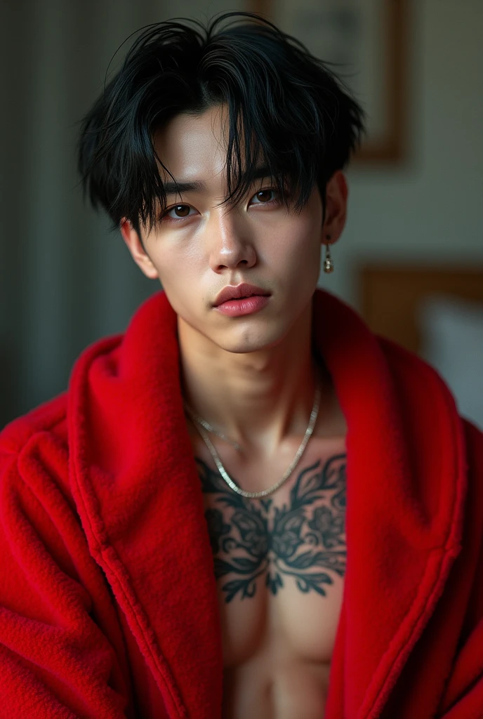 (photorealism:1.2) Jungkook in a red bathrobe with black and black wet wolfcut hair, bare chest, tattooed hands.