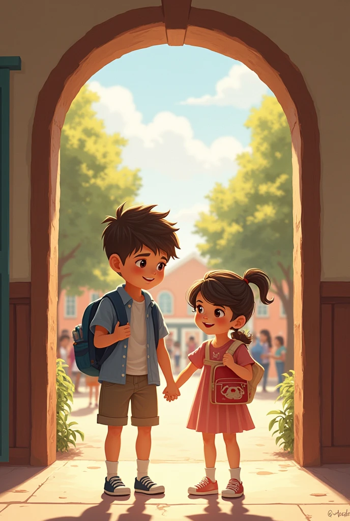 Brother and sister on first day of school