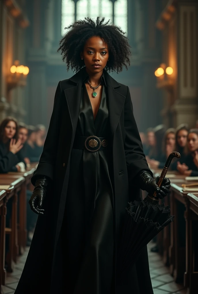 "A tall and impressive female character, who is the Defense Against the Dark Arts professor at Hogwarts. It measures 1,74 meters high, dresses entirely in black, holds an embroidered umbrella, is covered by a traveling cloak and has black leather gloves on her hands. Her jet-black 3b curls with little volume fall over her shoulders as she lowers her hood.. Your skin is mixed race (black mixed with white) of a brown with a cool undertone, almost grayish, without any pink tone on the face. She has a delicate face with fine features (including thin eyebrows), but with a magnetic presence. His eyes are striking, the right is dark and penetrating, the left one is emerald green. She wears a locket with a small, delicate emerald with small, delicate silver details.. She walks through the hall with elegance, leaving everyone present fascinated by his mysterious and attractive presence. Students must be seated at tables in the Hogwarts Great Hall., Ao fundo.”