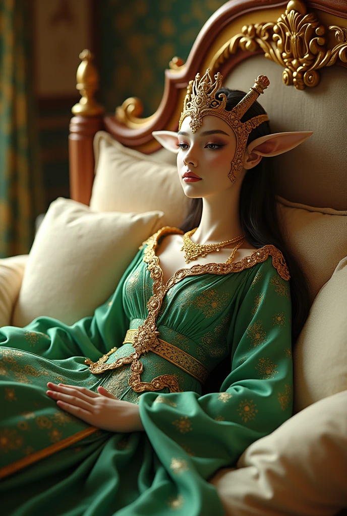 araffe dressed in green and gold laying on a bed, a beautiful fantasy empress, lady palutena, deviantart artstation cgscosiety, epic 3 d oshun, qiyana, samira from league of legends, 3 d render character art 8 k, 8k high quality detailed art, goddess. extremely high detail, senna from league of legends