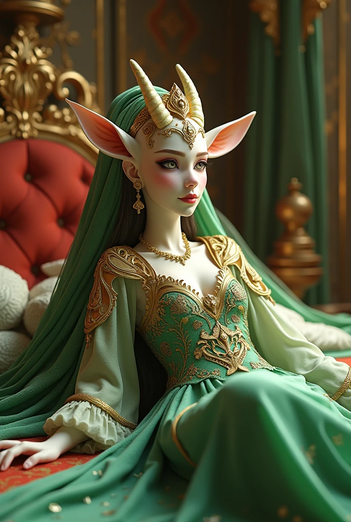 araffe dressed in green and gold laying on a bed, a beautiful fantasy empress, lady palutena, deviantart artstation cgscosiety, epic 3 d oshun, qiyana, samira from league of legends, 3 d render character art 8 k, 8k high quality detailed art, goddess. extremely high detail, senna from league of legends