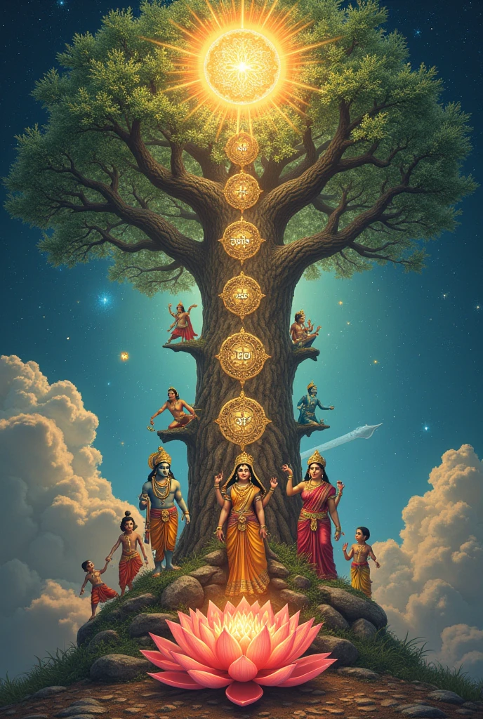 Create a detailed image with the following elements:
1. At the top of the image, an aura of glory surrounding the 72 divine names, shining and radiating light.
2. down, an imposing Tree of Life, with the trunk displaying the 10 Sefirot in an artistic and clear way.
3. At the base of the Tree of Life, portray Krishna and Radha as lovers, in a pose of adoration and harmony, com Shiva, Parvati e Ganesha ao lado deles, representing union and protection.
4. Include Brahma and Saraswati near the tree, emanating wisdom and creativity.
5. At the top of the Tree of Life, a splendid lotus flower, symbolizing purity and enlightenment.
6. Add a Sacred Krishna Tree bag next to the tree, representing energy and sacredness.
7. The scene should be enveloped in a mystical and heavenly atmosphere, with intricate details that highlight the importance and spiritual beauty of the elements.