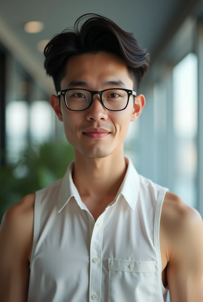 A office Asian young man 2 with glasses  , wearing sleeveless shirt, dont have much muscle