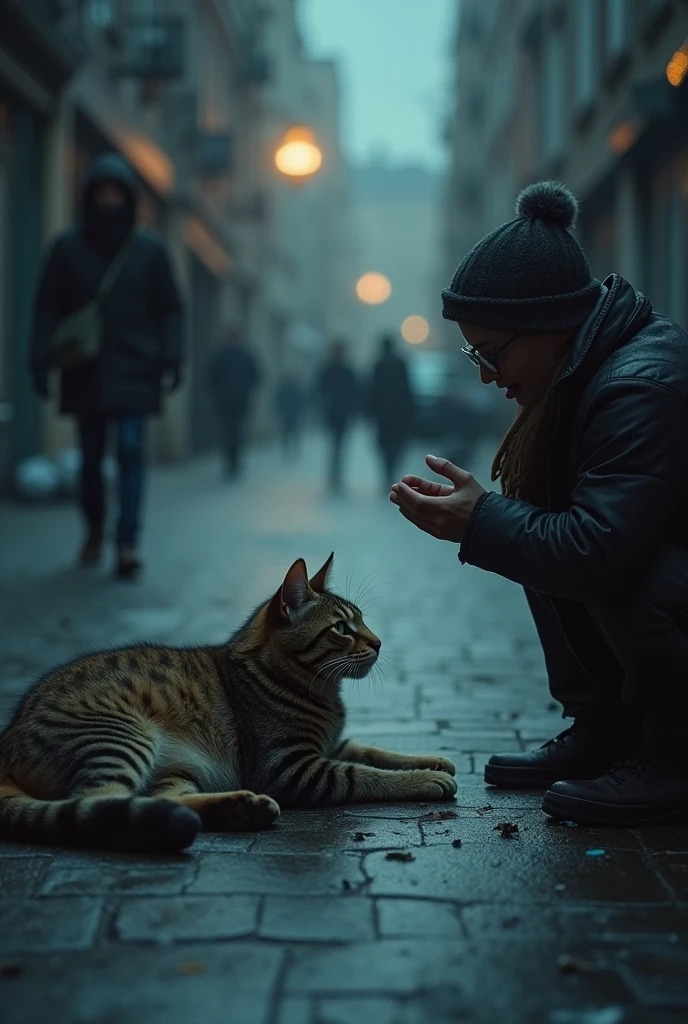 The Encounter
A passerby notices the cat, now visibly suffering and in pain, lying on the sidewalk. The cat’s eyes meet the person’s, conveying a deep sadness and longing for help. The scene is still dark, but there is a slight glimmer of hope in the connection between the cat and the passerby.