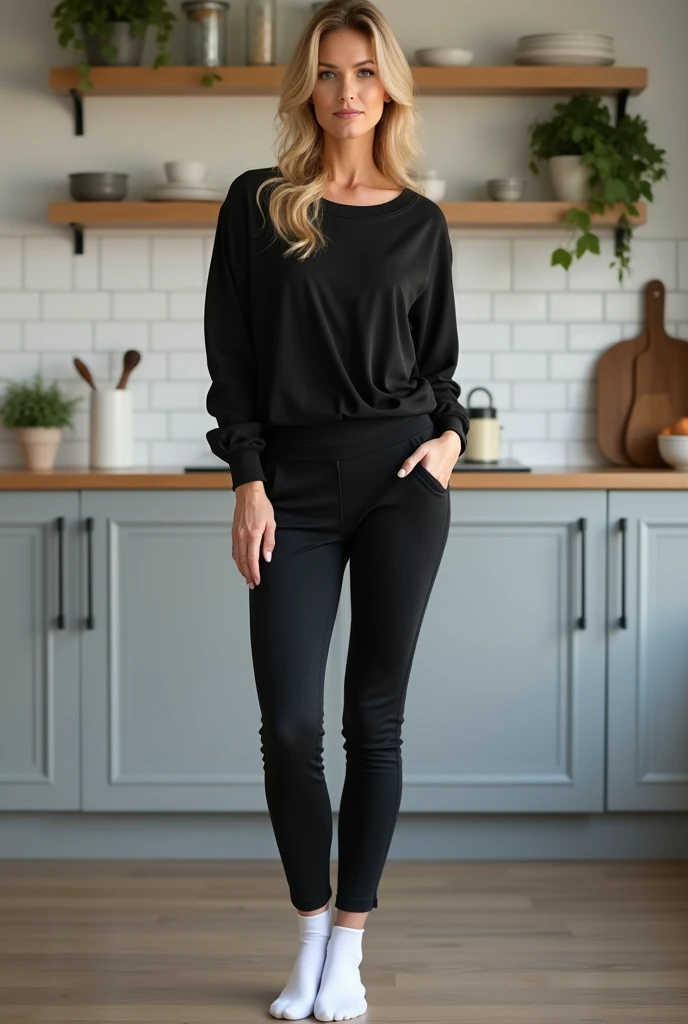 Hot blonde 40 year old woman standing in kitchen wearing black yoga pants and black shirt covering everything and white short socks. Show short white socks and feet