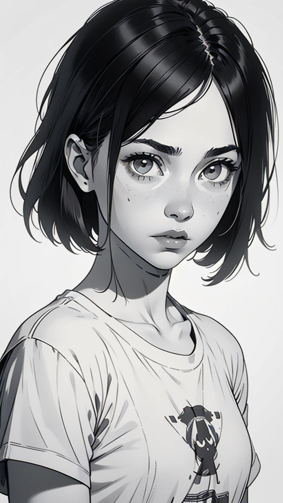 1 boyish girl, solo, sharp eyes, monochrome, greyscale, short black hair, portrait, white T-shirt, thin eyebrows, closed mouth, looking at viewer, graphite \(medium\), detailed lips, hatching \(texture\), without makeup, full bangs, upper body, (best illustration), (best quality), (very detailed), (masterpiece), expressionless,