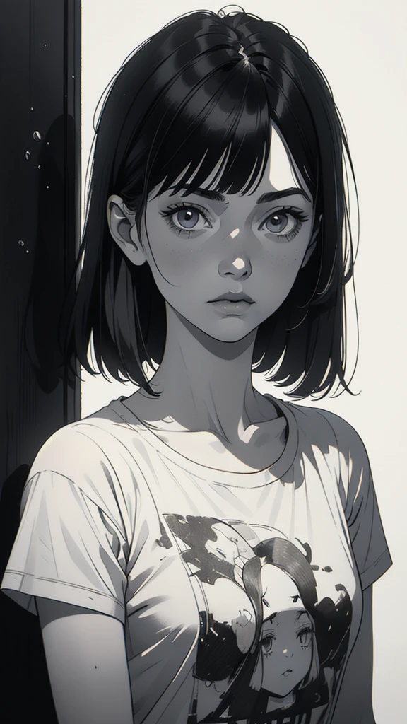 1 boyish girl, solo, sharp eyes, monochrome, greyscale, short black hair, portrait, white T-shirt, thin eyebrows, closed mouth, looking at viewer, graphite \(medium\), detailed lips, hatching \(texture\), without makeup, full bangs, upper body, (best illustration), (best quality), (very detailed), (masterpiece), expressionless,