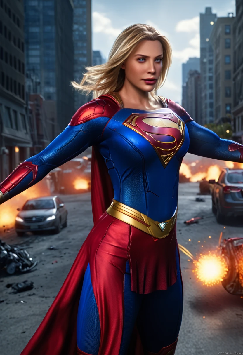 ((Masterpiece, top quality, high resolution, highly detailed CG unified 8K wallpaper, photorealistic, Raw photo, 8K)),"A dramatic ((supergirl)) ffly with supergirl dress shirt with(( big breast))((big cleavage))((long hair)) ,superhero battle scene in a futuristic cityscape, inspired by Marvel movies. Multiple superheroes in colorful costumes are fighting a giant robotic villain. The scene is filled with dynamic action, explosions, and glowing energy blasts. Cinematic lighting with dramatic shadows and vivid colors. High resolution, in 4K."