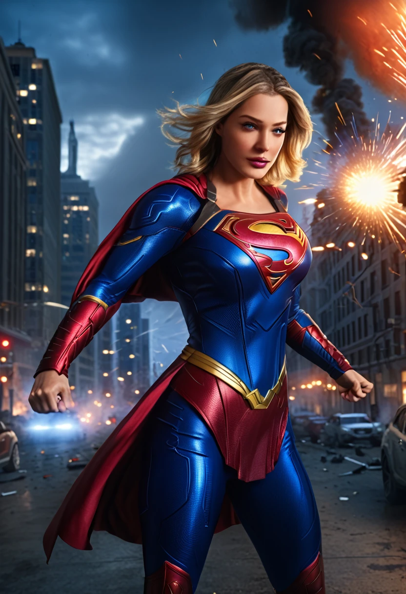 ((Masterpiece, top quality, high resolution, highly detailed CG unified 8K wallpaper, photorealistic, Raw photo, 8K)),"A dramatic ((supergirl)) ffly with supergirl dress shirt with(( big breast))((big cleavage))((long hair)) ,superhero battle scene in a futuristic cityscape, inspired by Marvel movies. Multiple superheroes in colorful costumes are fighting a giant robotic villain. The scene is filled with dynamic action, explosions, and glowing energy blasts. Cinematic lighting with dramatic shadows and vivid colors. High resolution, in 4K."