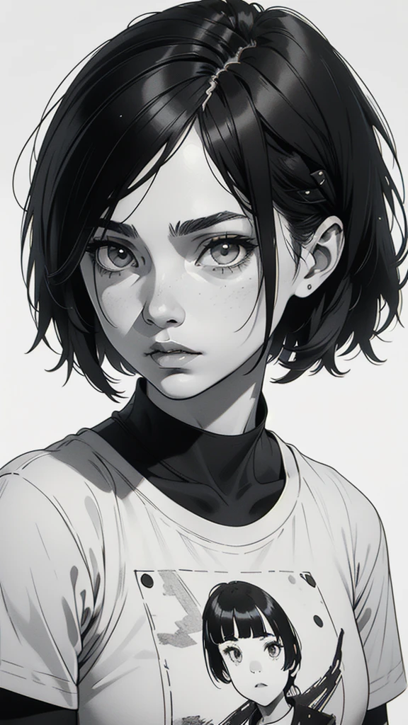 1 boyish girl, solo, sharp eyes, monochrome, greyscale, short black hair, portrait, white T-shirt, thin eyebrows, closed mouth, looking at viewer, graphite \(medium\), detailed lips, hatching \(texture\), without makeup, full bangs, upper body, (best illustration), (best quality), (very detailed), (masterpiece), expressionless,