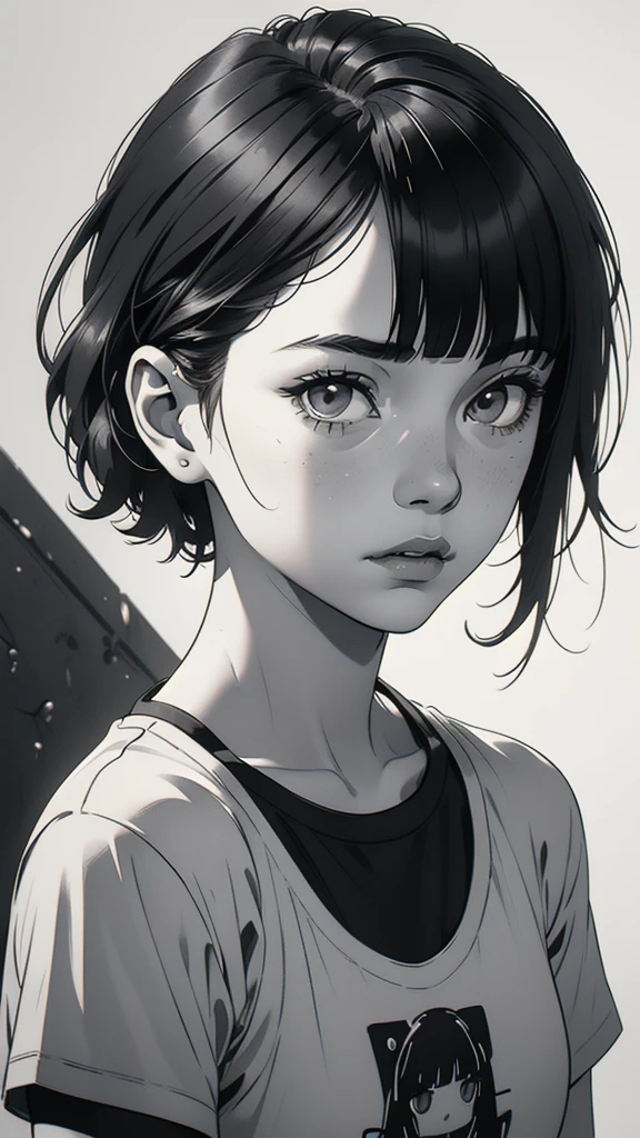 1 boyish girl, solo, sharp eyes, monochrome, greyscale, short black hair, portrait, white T-shirt, thin eyebrows, closed mouth, looking at viewer, graphite \(medium\), detailed lips, hatching \(texture\), without makeup, full bangs, upper body, (best illustration), (best quality), (very detailed), (masterpiece), expressionless,