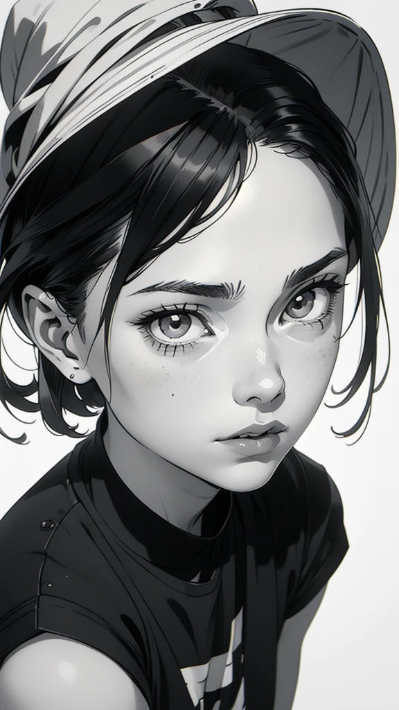 1 boyish girl, solo, sharp eyes, monochrome, greyscale, short black hair, portrait, white T-shirt, thin eyebrows, closed mouth, looking at viewer, graphite \(medium\), detailed lips, hatching \(texture\), without makeup, full bangs, upper body, (best illustration), (best quality), (very detailed), (masterpiece), expressionless,