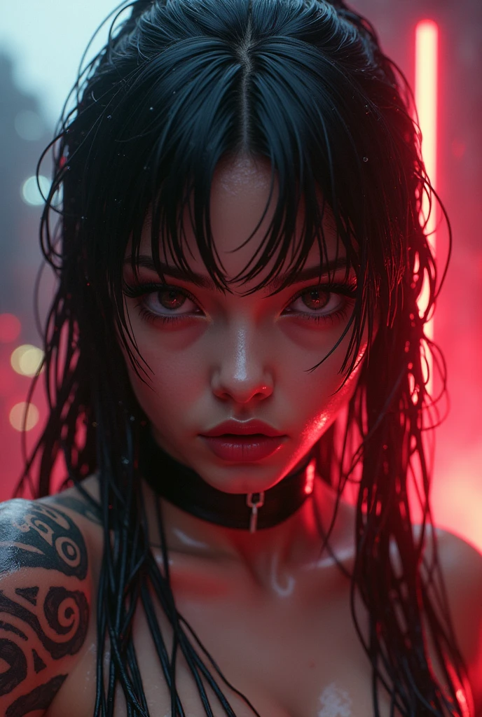 an Epic Masterpiece of a Beautiful Female Sailor Moon from Genshin Impact soaking wet from rain , tattoos and piercings, action scene, determined expression, lips parted , up view, unique camera angle, Epic landscape, photorealistic, intricately detailed, 64k UHD resolution, depth of field, cinematic, vibrant ambient glowing color framework, hypershift red and white glowing radiance, magical glowing effect, smokey radiance, wet atmosphere, rain
