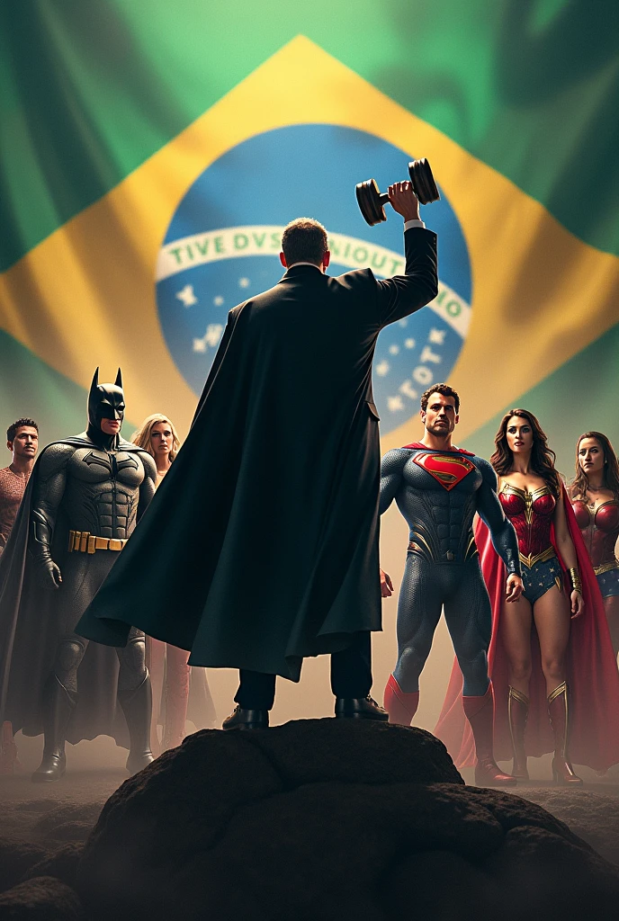 Top 5 Marvel. Top 5 DC and Top 5 X-Man, with the Brazilian flag in the background against bald STF judge Alexandre de Morais who is in front of the heroes and trying to all