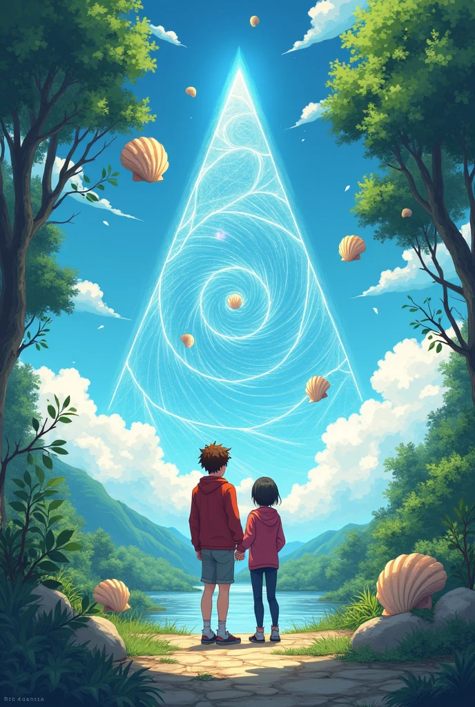 scene: Together, Leonardo, a brown-haired teenager in a red sweatshirt, and Sophia, a brown-haired teenager of the same age, observe how nature uses geometry everywhere.: in the shape of shells, The leaves, and the patterns in the snow, All this with a boku no hero academia style 