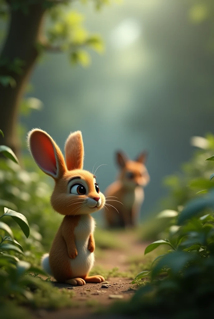  In 3D animation style The rabbit noticing the fox’s suspicious behavior from a distance.
