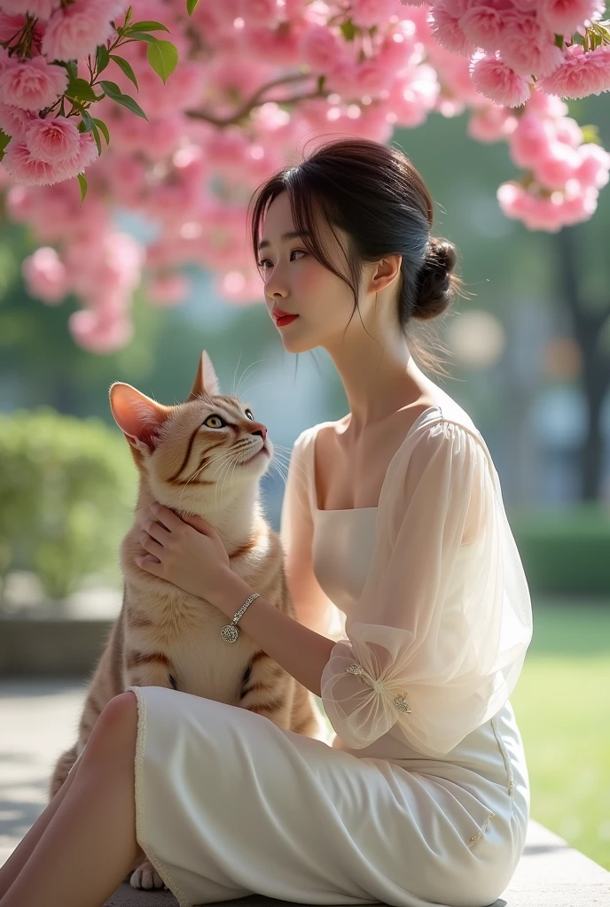 Beautiful Korean Women , smooth white skin, well-groomed face,Korean style bun hair with bangs,knee length dress, transparent short balloon sleeve,,left and right sleeves with butterfly motif ribbons,the color of the shirt is old, white shoes, luxury watch, smiled faintly, posing sitting under a pink bougainvillea tree. in the city park,bersama kucing anggora berukuran sangat besar, bokeh background, Realistic original photo.