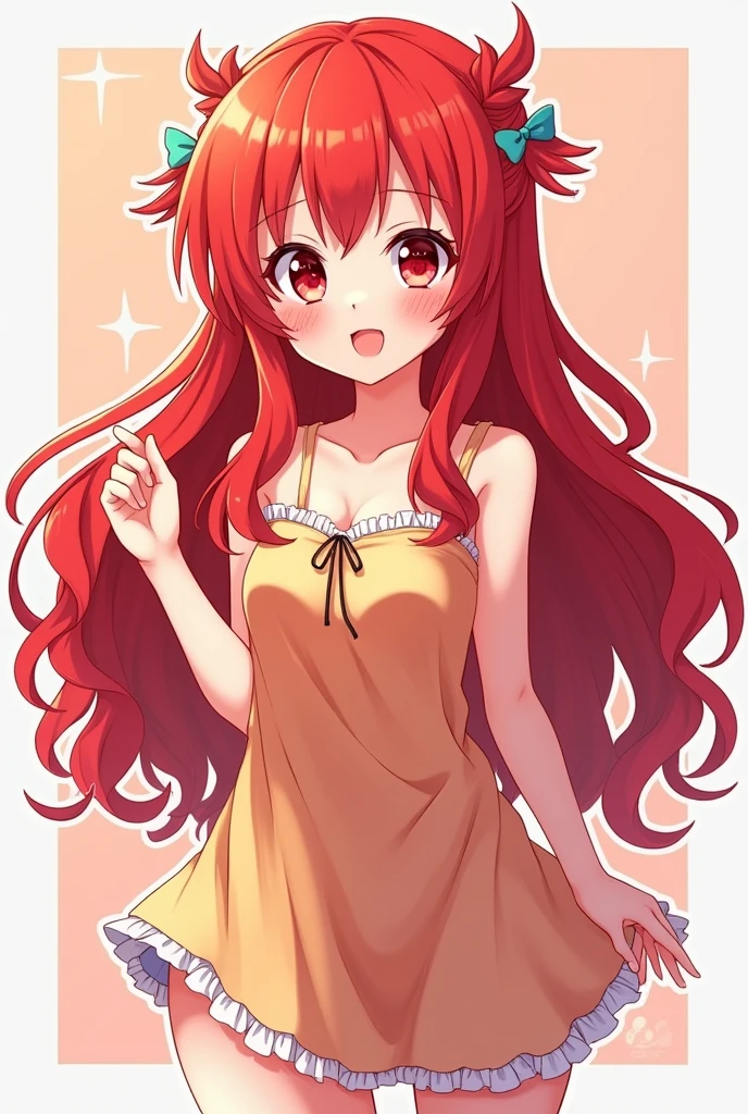 Create a redheaded anime girl with bright red eyes posing Kawai