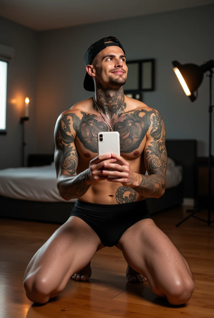 A shirtless young man is kneeling on the wooden floor, holding a white smartphone in his right hand. He has tattoos covering his chest, neck, and arms, including designs on his wrists and a wreath-like tattoo around his neck. His expression is soft, with a slightly parted mouth, and he gazes upward at the camera, giving a playful and suggestive look. He wears black jockstrap and a backward-facing black cap. The setting appears to be a room with hardwood flooring, a bed in the background, and some lighting equipment around him, with tongue out of the mouth like a dog. MUSCULAR ARMS AND LEGS
