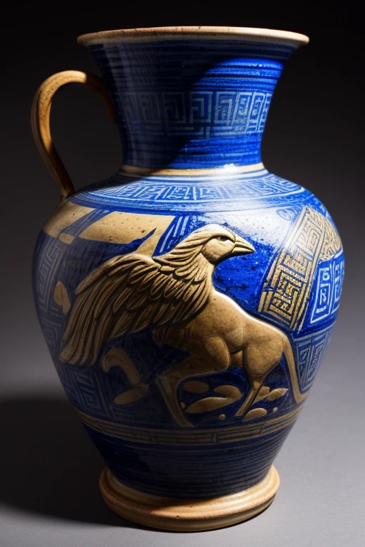 Greek pottery. The Greek pot depicts a scene of a Griffin.
