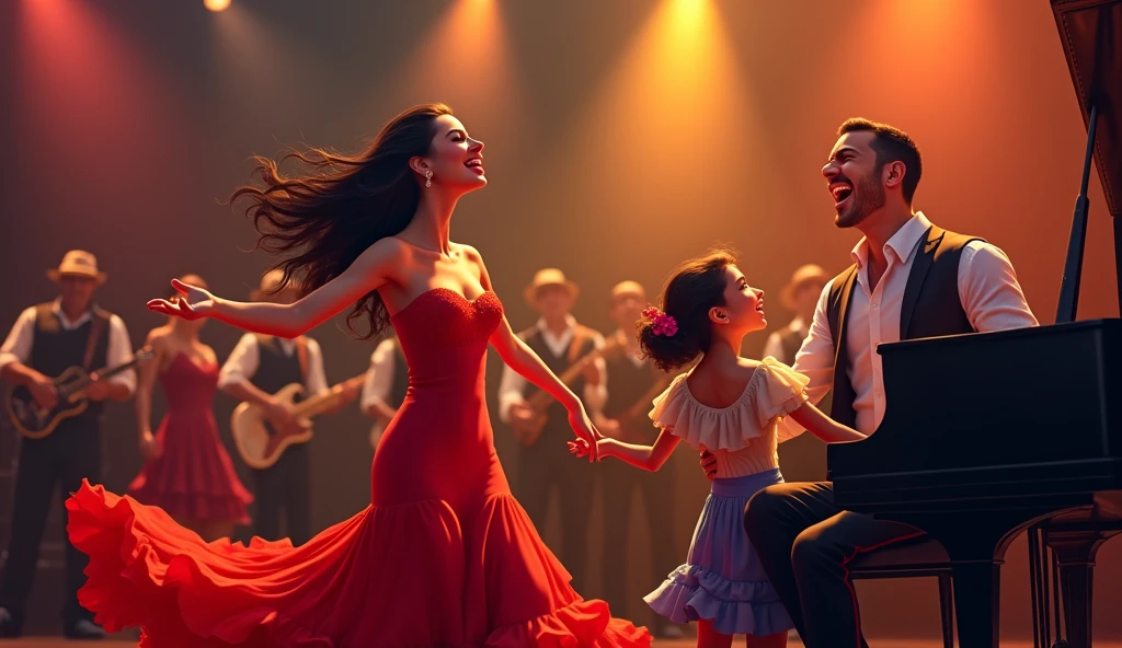 A happy latina female with red lips, and red spanish dress holding a microphone and singing and dancing salsa with a Paralized happy latino black male with a mustaches plyaing the piano and a latina girl signing and a salsa musical group in the background salsa concert