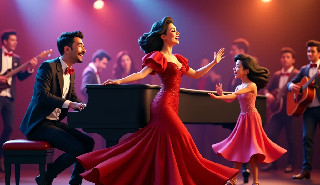 A happy latina female with red lips, and red spanish dress holding a microphone and singing and dancing salsa with a Paralized happy latino black male with a mustaches plyaing the piano and a latina girl signing and a salsa musical group in the background salsa concert