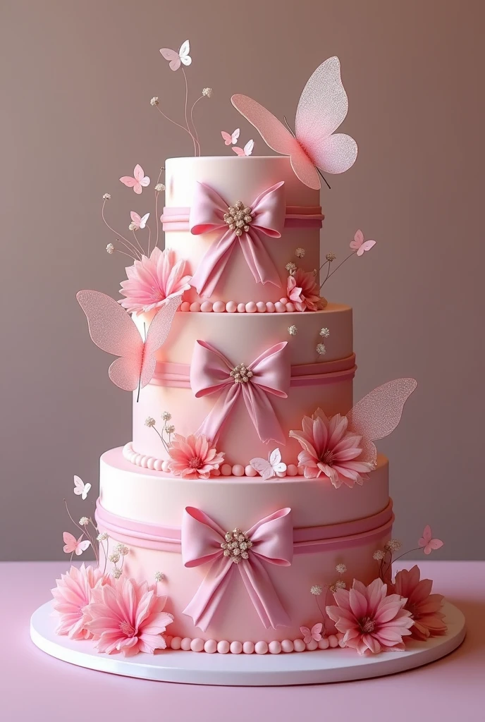 Make a one-tier cake in light pink and dark pink with bows and butterflies that surpasses all the other cakes in the world. The most beautiful cake in the world really impresses me. Just one tier. 