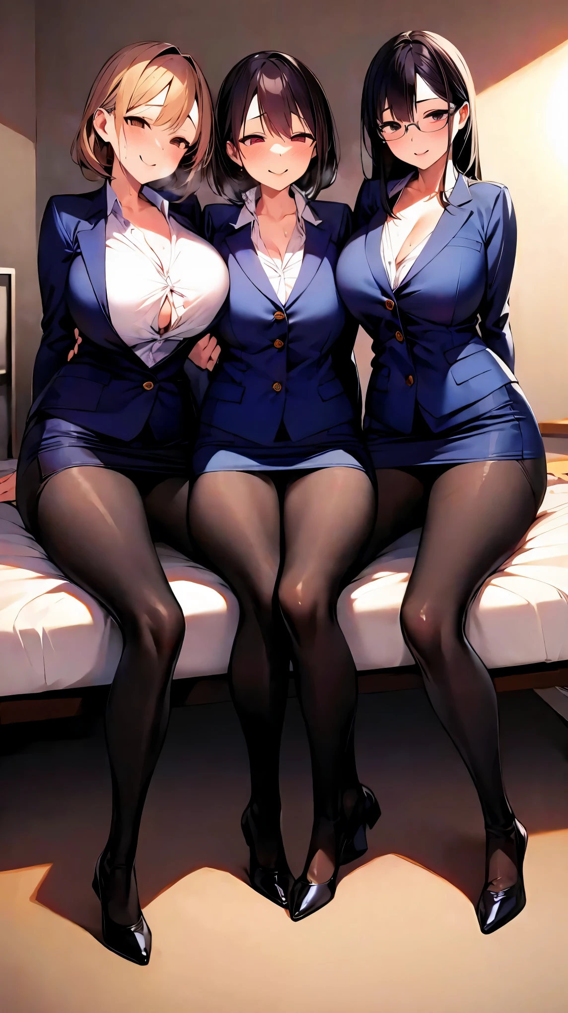 （（super high quality,））（（Ultra-high resolution,））（16K,）（super masterpiece,）（（Ultra HD ,））（Detailed shading,）Full body photo,Mothers of three,Sit side by side on the bed,sexy Office Lady,（（popped Tight collar White shirts,））Unbutton the third button,Black tight skirt,Glasses,blush,Ahegao,smile,Sweaty,Love juice,