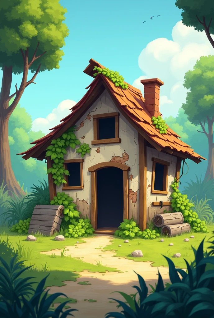 **Old Dilapidated Hut**: A crumbling, abandoned hut in the clearing, with a broken roof, rotting wood, and overgrown vines creeping up the walls. in cartoon