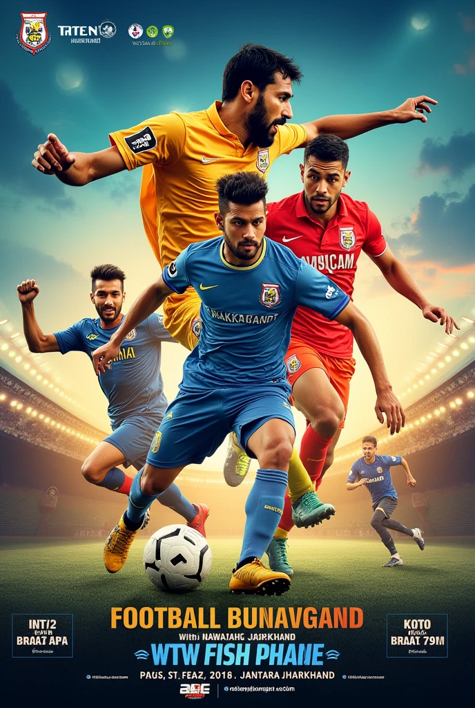 Make a football tournament  poster that start from 01.09.24  to 03.09.24 venue at Nawadih Jamtara
Jharkhand, first prize 110000 second prize 80000
