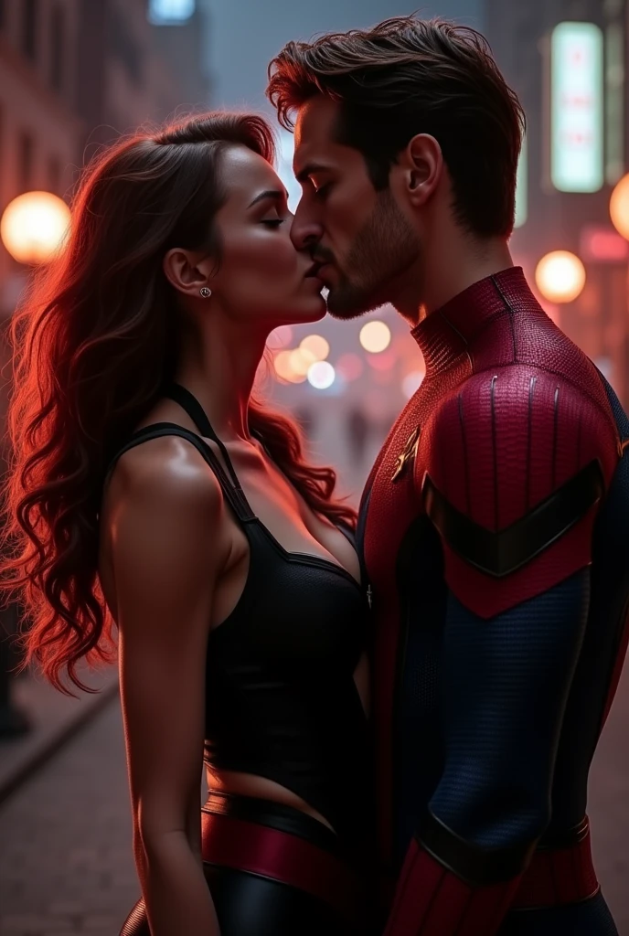 Wanda in a very y outfit kissing Andrew Garfield's Peter Parker
