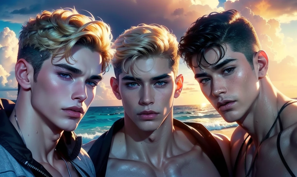 [((highly detailed, detailed eyes, detailed face, clear and realistic facial features, photorealistic, realistic light, cinematic, close up)), ((((3 men, each man looks unique, each man has a different natural hair color and different facial features and skin color)))), (((y male college-age jocks standing on the beach looking hord sexuallyted))), ((expression of sexual interest)ilated pupils and flushed skin)), ((wearing casual clothes)), ((beautiful deserted tropical island with a storm in background))]