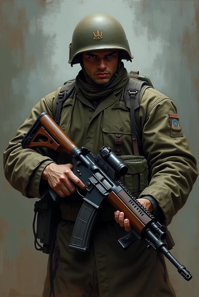 A soldier gripping a rifle, depicted in the style of a dramatic oil painting, bold brushstrokes, moody atmosphere, intense expression, dynamic pose --ar 1:1 --s 120 --no background elements