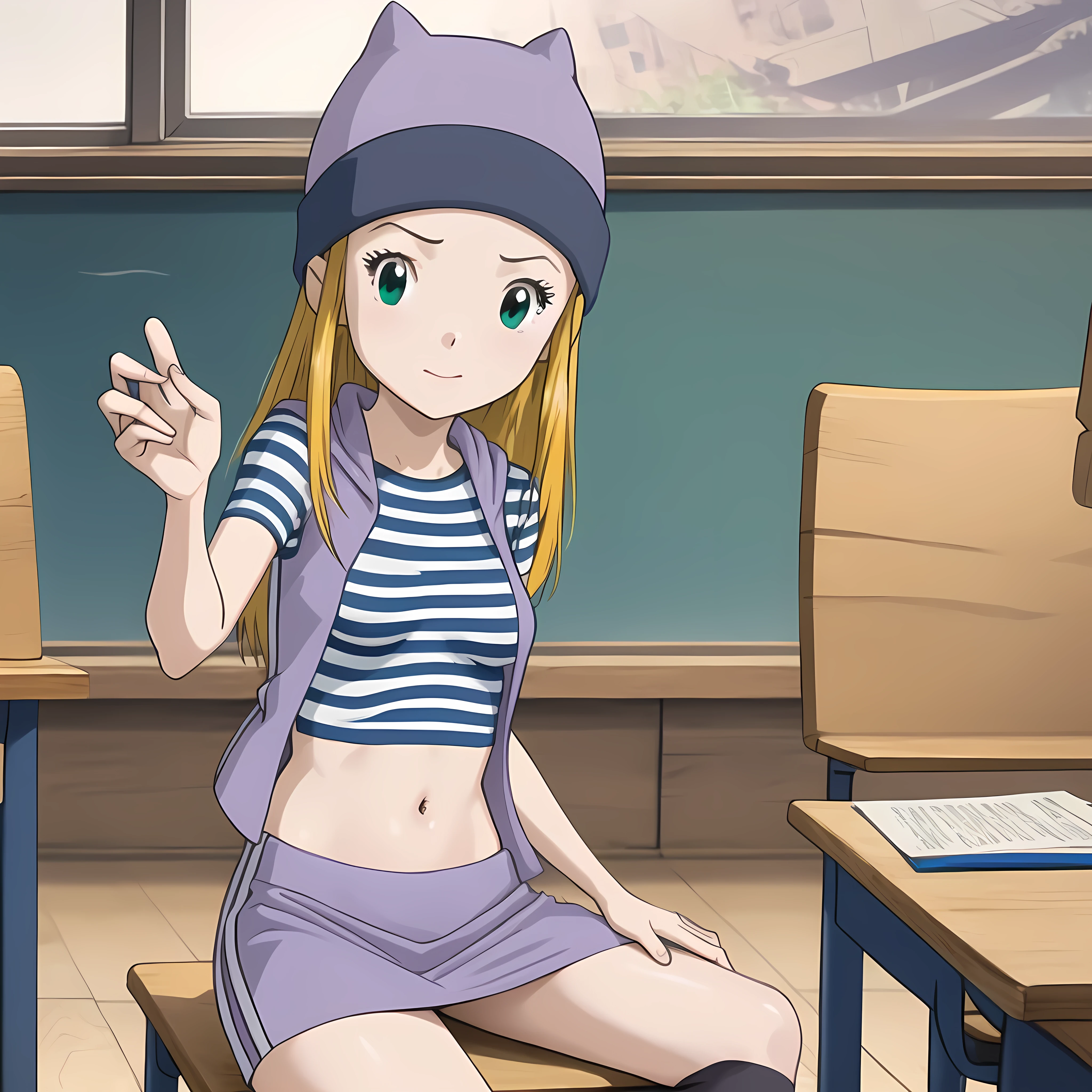 (masterpiece, best quality), 1girl, izumi Orimoto, indoors, classroom, green eyes, blonde hair, long hair, purple beanie, purple vest, purple miniskirt, blue white striped shirt, long purple socks, purple vest, striped shirt, navel shirt, medium size breast, sexy pose