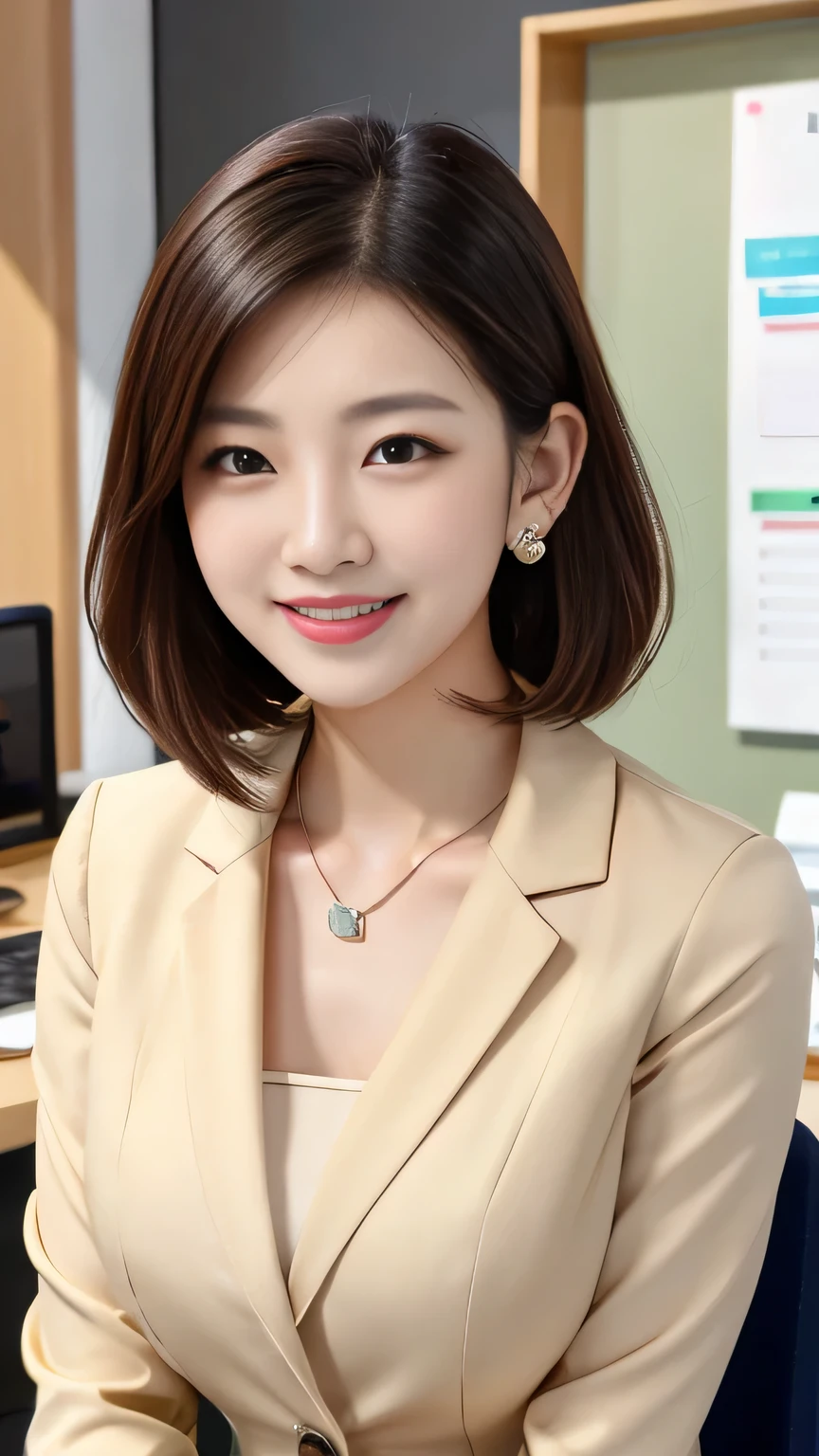 RAW Photos, High resolution, Very detailed, Intricate details, 、ear piercing、smile、short hair、Black Hair、Open your mouth a little、Clear beauty,(High quality fabric, Office Lady Suits 、Necklace around the neck、, The background is the office