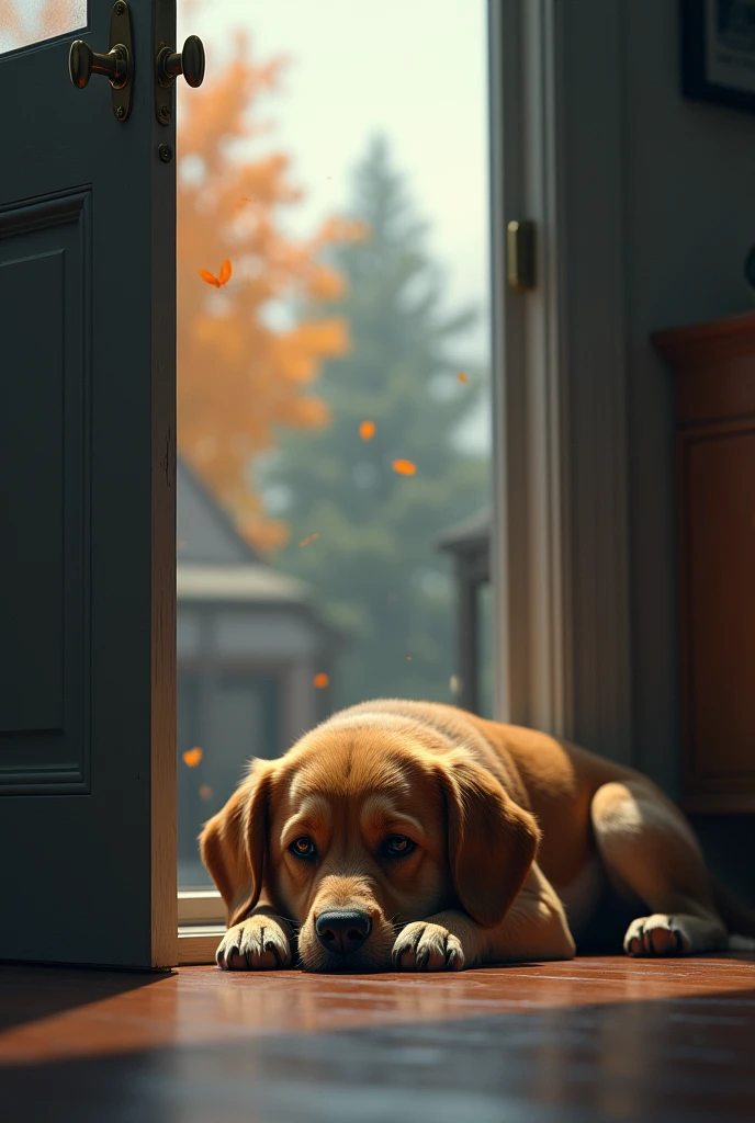 Image: Buddy lying by the door, looking sad and forlorn. The weather outside is changing, reflecting the passage of time (e.g., rain or autumn leaves).
Details: The contrast between the vibrant past and the gloomy present should be evident.