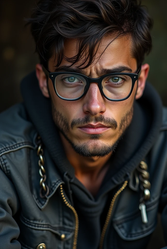 Raw photo a 21yo man wearing black glasses with an exahusted face, jacket with chains