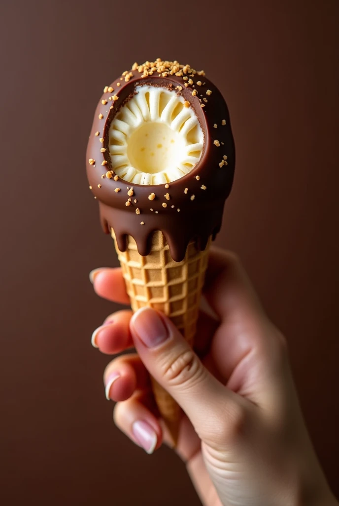 Milk chocolate cone made with a cone-shaped wafer shell being held by a hand, ice cream cones, cone shaped, covered with melted chocolate, arte de chocolate, rio de chocolate, Exquisite details, mouth-watering com granulado por cima, completely covered in milk chocolate, shiny shell with a grated coconut cream as a filling, sweet in the shape of a cone-shaped waffle. Cone with a small bite showing a bit of the shredded coconut filling. 360 degree view, appetizing, mouth-watering 