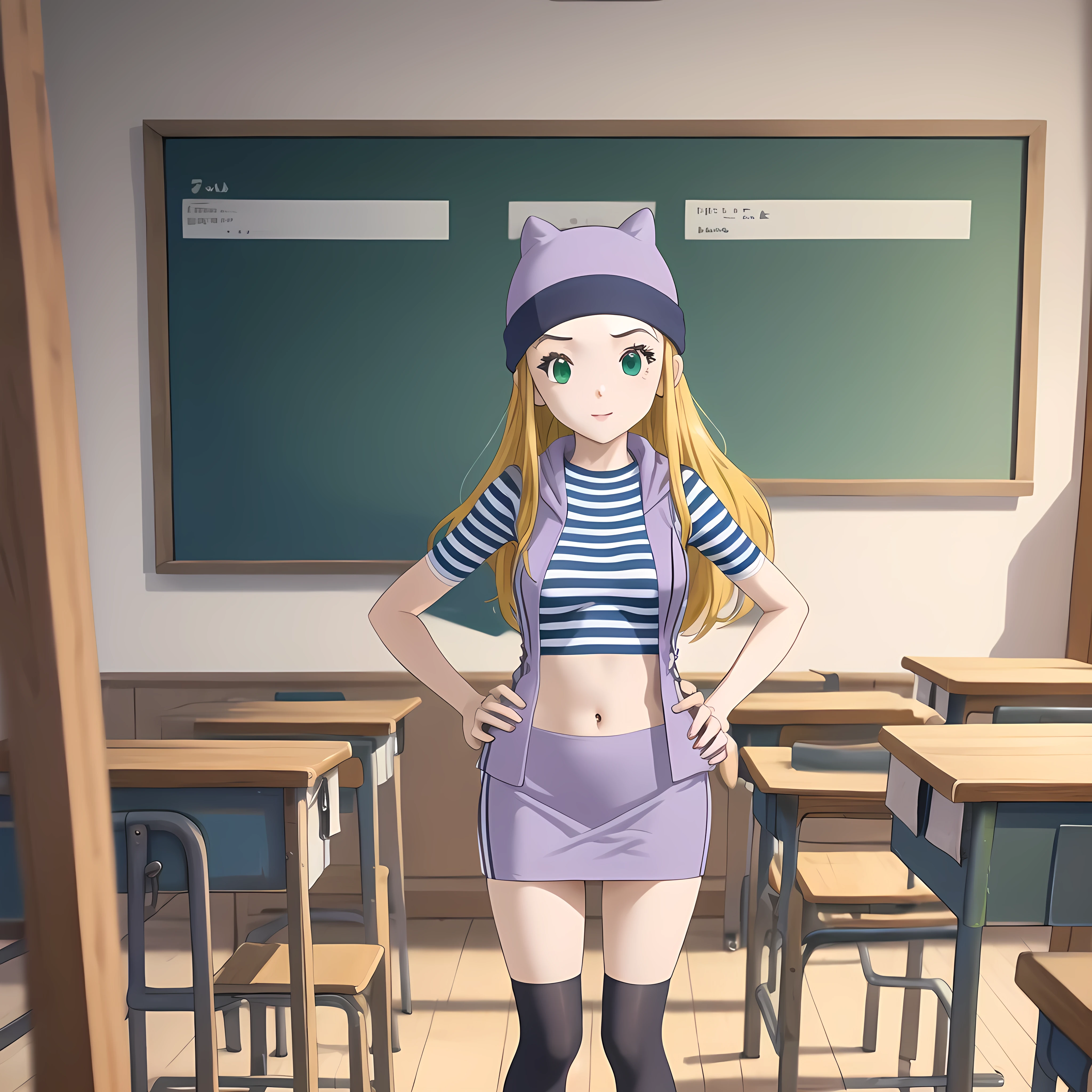 (masterpiece, best quality), 1girl, izumi Orimoto, indoors, classroom, green eyes, blonde hair, long hair, purple beanie, purple vest, purple miniskirt, blue white striped shirt, long purple socks, purple vest, striped shirt, navel shirt, medium size breast, sexy pose