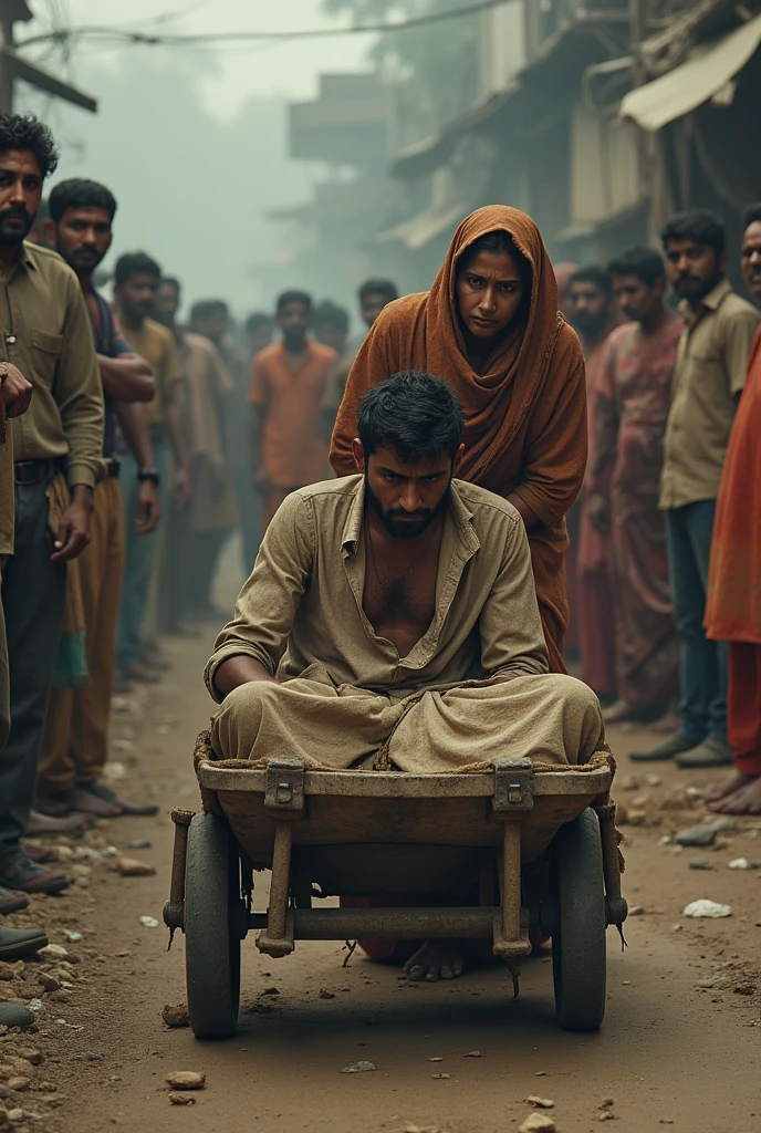 A poor man with a dirty cloth over him, and he is sitting in a small reedi, his reedi is being pulled by a rope by a woman wearing a dirty tattered Punjabi suit. People standing on the side are laughing and making videos.