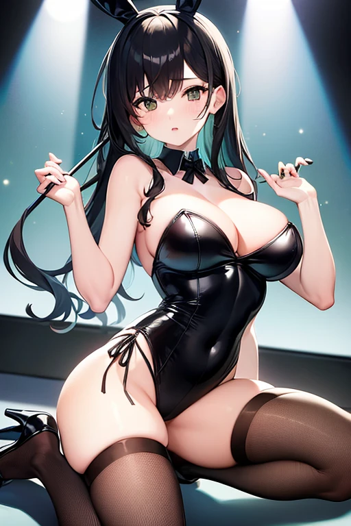 ((best quality)), ((masterpiece)), (detailed), perfect face, girl, black hair, black eyes, green bunny suit, fishnet stockings, club theme, on stage, pole dancing,