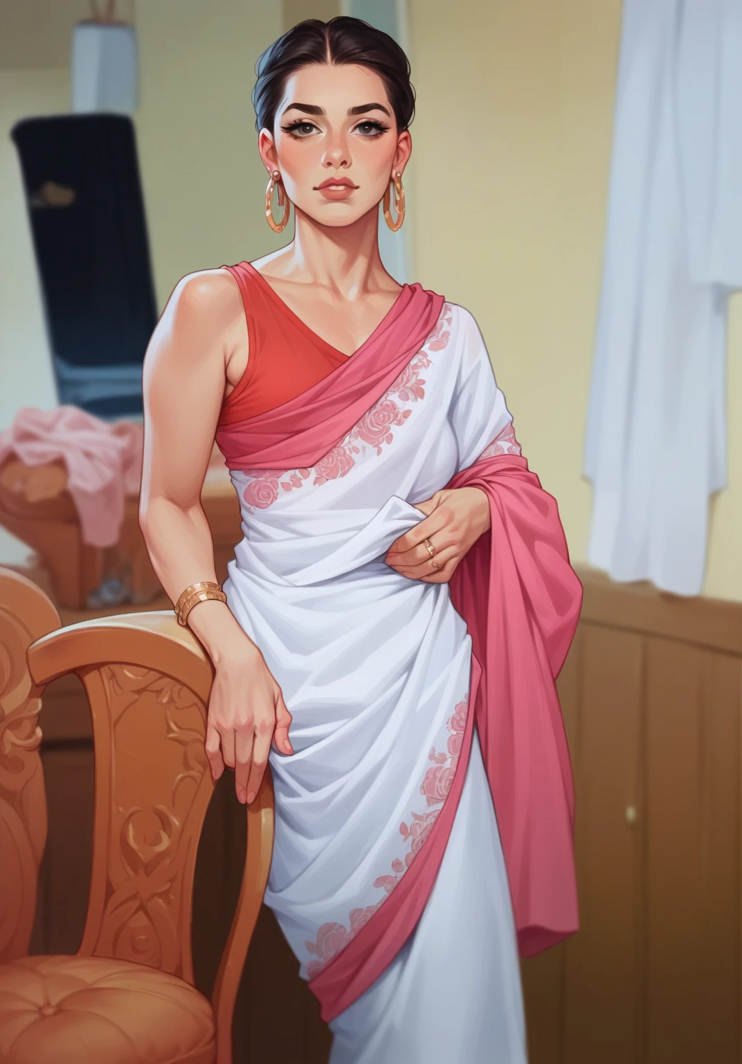 Indian housewife ladies  2 front view,slim body and bold figure out in Indian drees saree