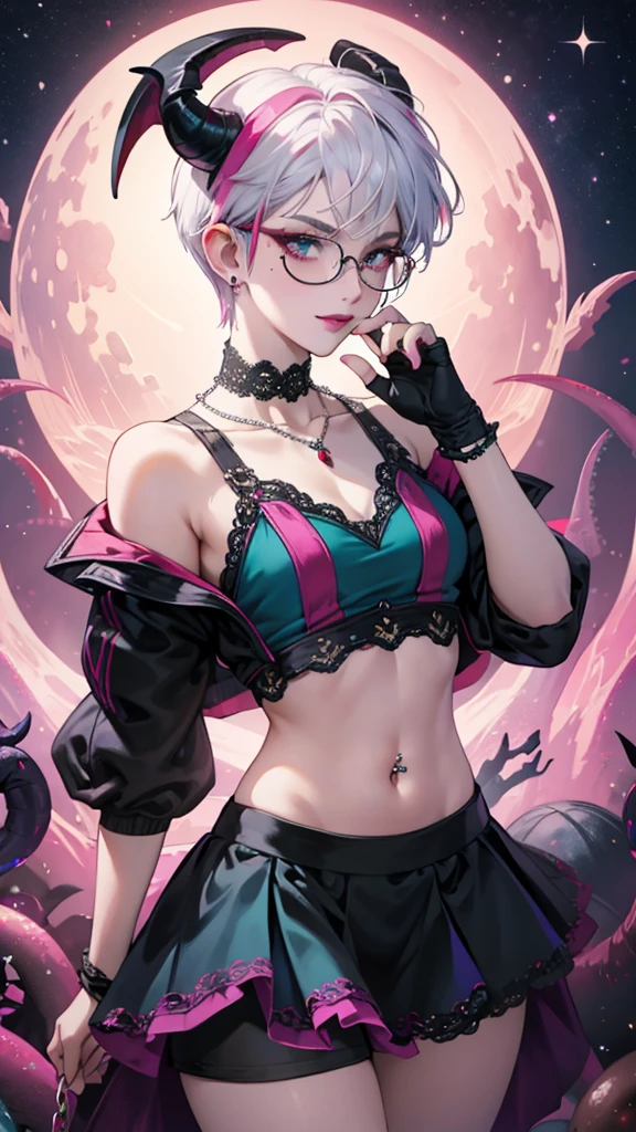 8k, masterpiece, best quality, highly detailed, 1 girl, tiefling, warlock, pixie cut, multicolored hair, very short straight hair red highlight hair on white hair, strippled hair, wearing glasses, round glasses, earrings, navel piercing, red eyeshadow, long eyelashes, blushed cheek, red lips, pearl necklace, rings, collarbone, mole on face, glamorous, teal and purple clothes, sleeveless, miniskirt, smirk, close up view, rings, looking at viewer, demon horns, solo, starry sky, pale blue moon, standing, boxing stance, demonic arms, chains on the background, black lace gloves, hand touching glasses.