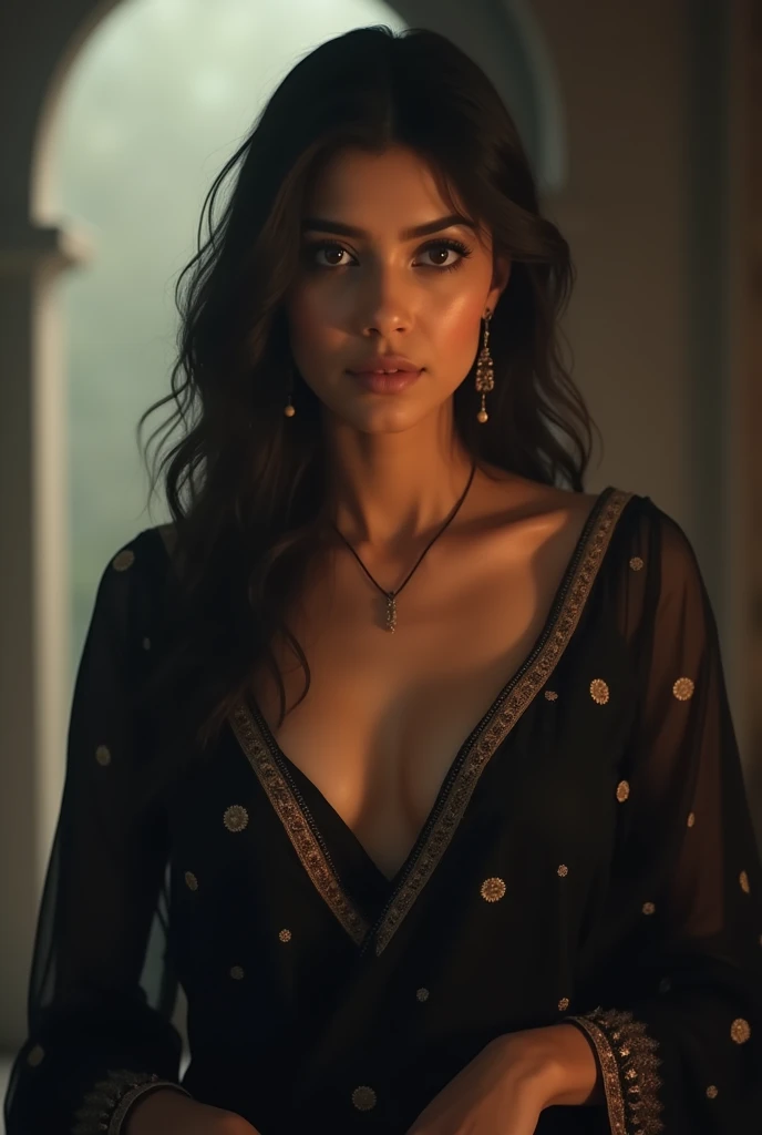 (a closeup of a, Editorial photo of a 21-year-old black-haired look like Indian woman), (Highly detailed face:1.4)(Evening complex high hairstyle)(Evening green dress) (Smile:0.7) (The background inside is a luxury, balcony of an elite restaurant, the night, urban landscape, private study:1.3) ass pov, Nikon D850, film stock photograph ,4 Kodak Portra 400 ,camera f1.6 lens ,saturated colors ,hyper realistic ,lifelike texture, dramatic lighting , Cinestill 800,