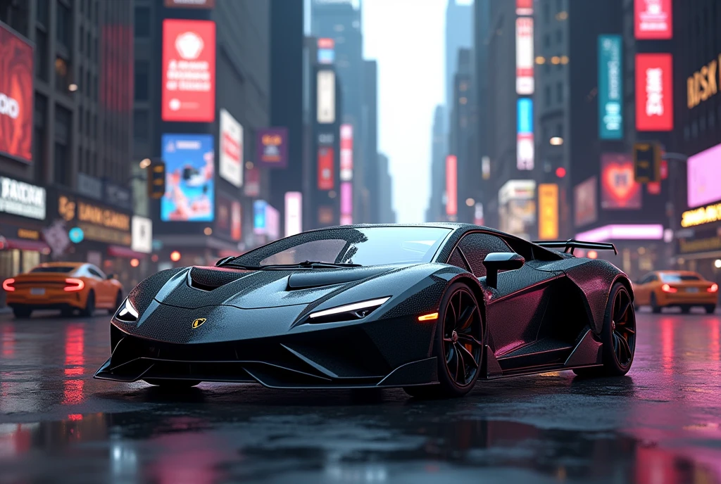 Create a Lamborghini car in newyork city image in 34.5 cm *73 cm