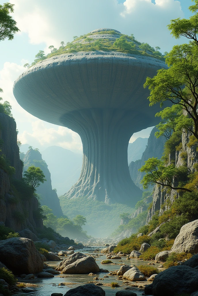 A rocky place, and with many trees. An alien ship gave way, as if it were a large piece of rock with trees, being ripped from the ground and taking flight. But it looks like a flying saucer