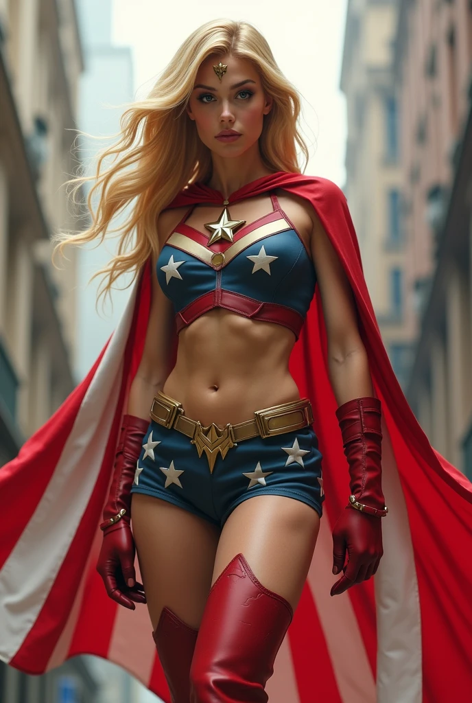 (photorealism:1.2), beautiful blonde woman, patriotic superhero, lanky frame, small breasts, muscular, extremely long blonde hair, All-American, red and white stripe cape, white star on the chest in a ring of gold stars, red and white stripe miniskirt, thigh high red boots, red gloves, dark blue top