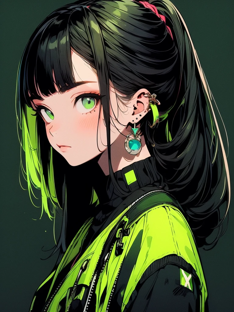 A young woman, aged 22, exuding a mature, serious, and mysterious aura. 165cm height, portrait shot, She has an oval face, she has long hair styled in a high ponytail, with long bangs that are parted either in the middle or to the side, framing her face elegantly. Her outfit is modern and hip-hop inspired, featuring a stylish jacket with green accents, over a cropped top and baggy pants. The ensemble is completed with sleek sneakers, giving her a dynamic yet poised look. Her expression is sharp and focused, with an underlying elegance. The background showcases a futuristic cityscape. The overall style is realistic, with high-quality rendering and extremely detailed hair and clothing textures.